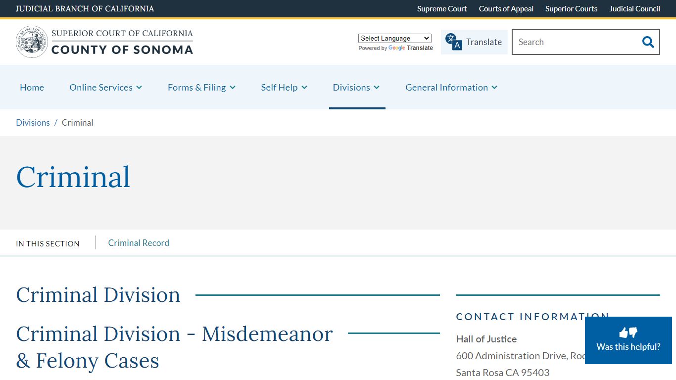 Criminal | Superior Court of California | County of Sonoma